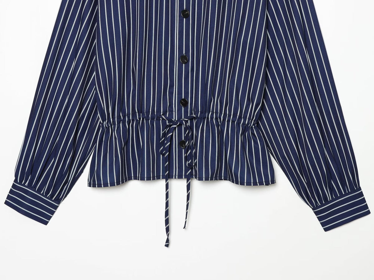 Women's with drawstring striped stand collar shirt