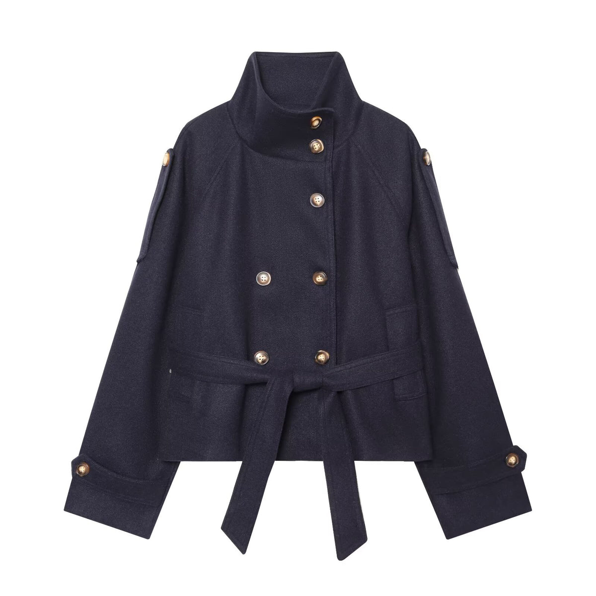 Women's with belt standing collar woolen coat