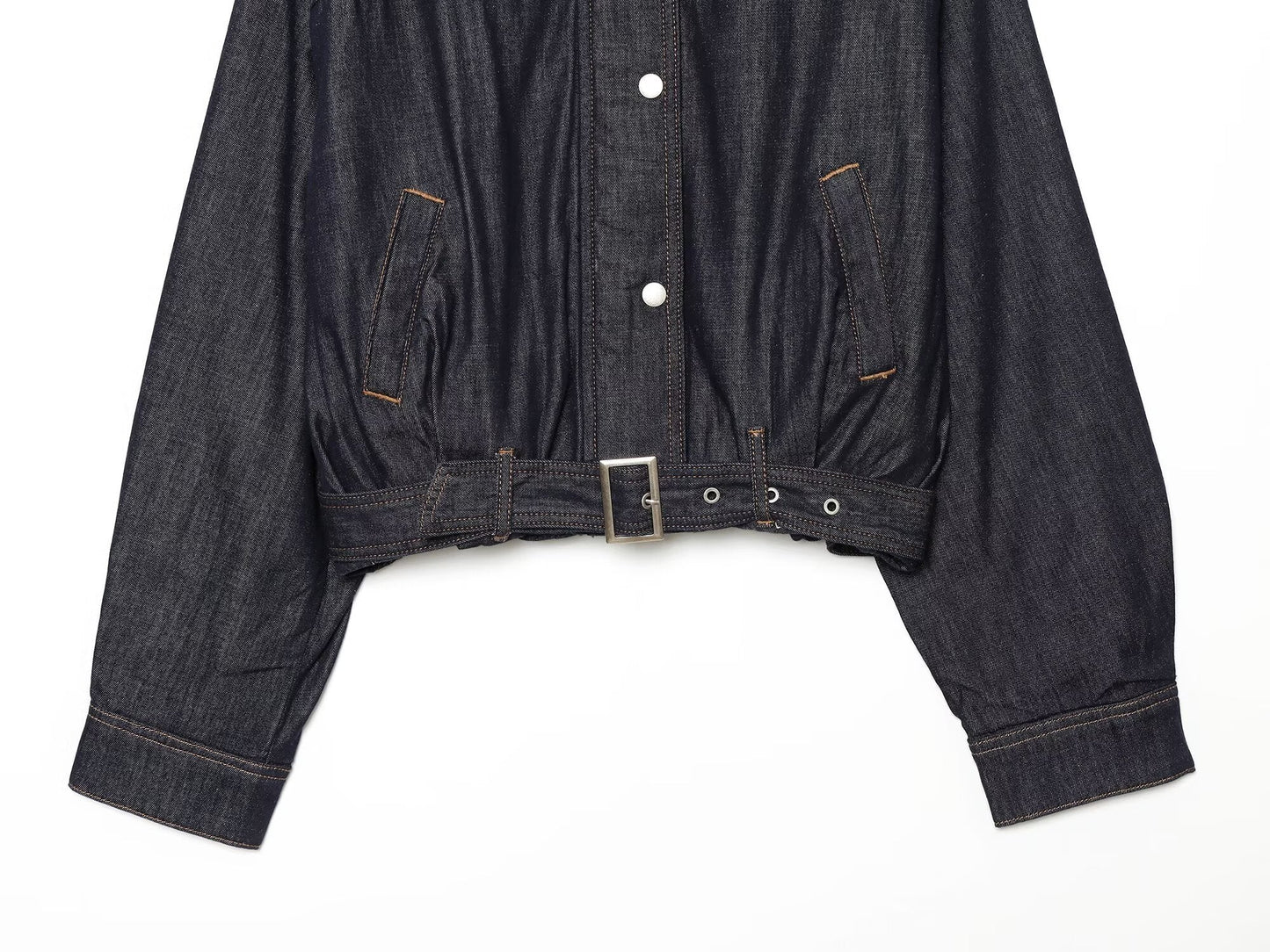 Women's waist belt decoration stand collar denim Coat