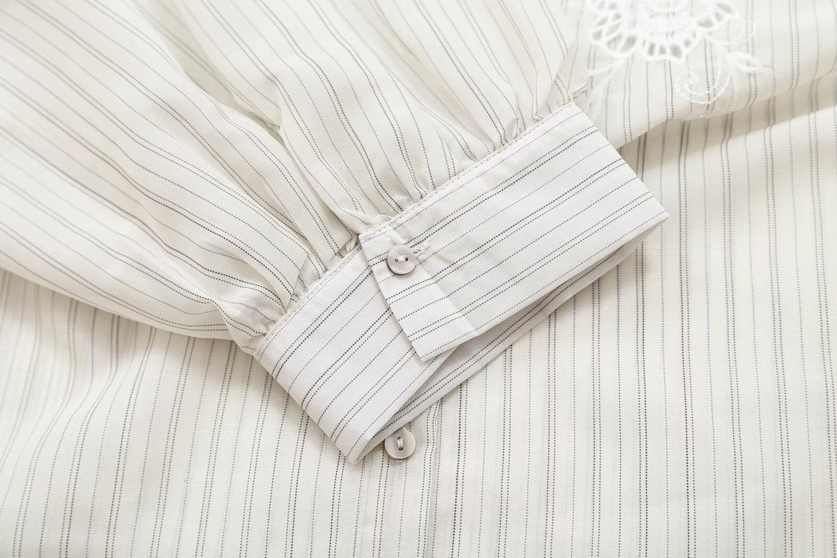 Women's hollowed out embroidered striped shirt