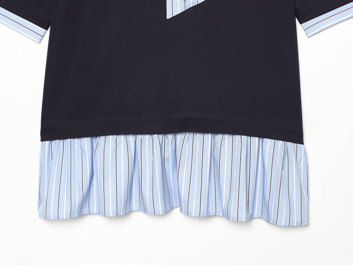 Women's tie decoration splicing striped mini dress