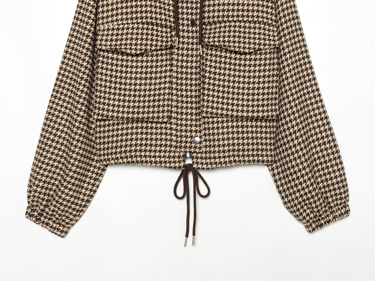 Women's with drawstring retro checkered short Coat