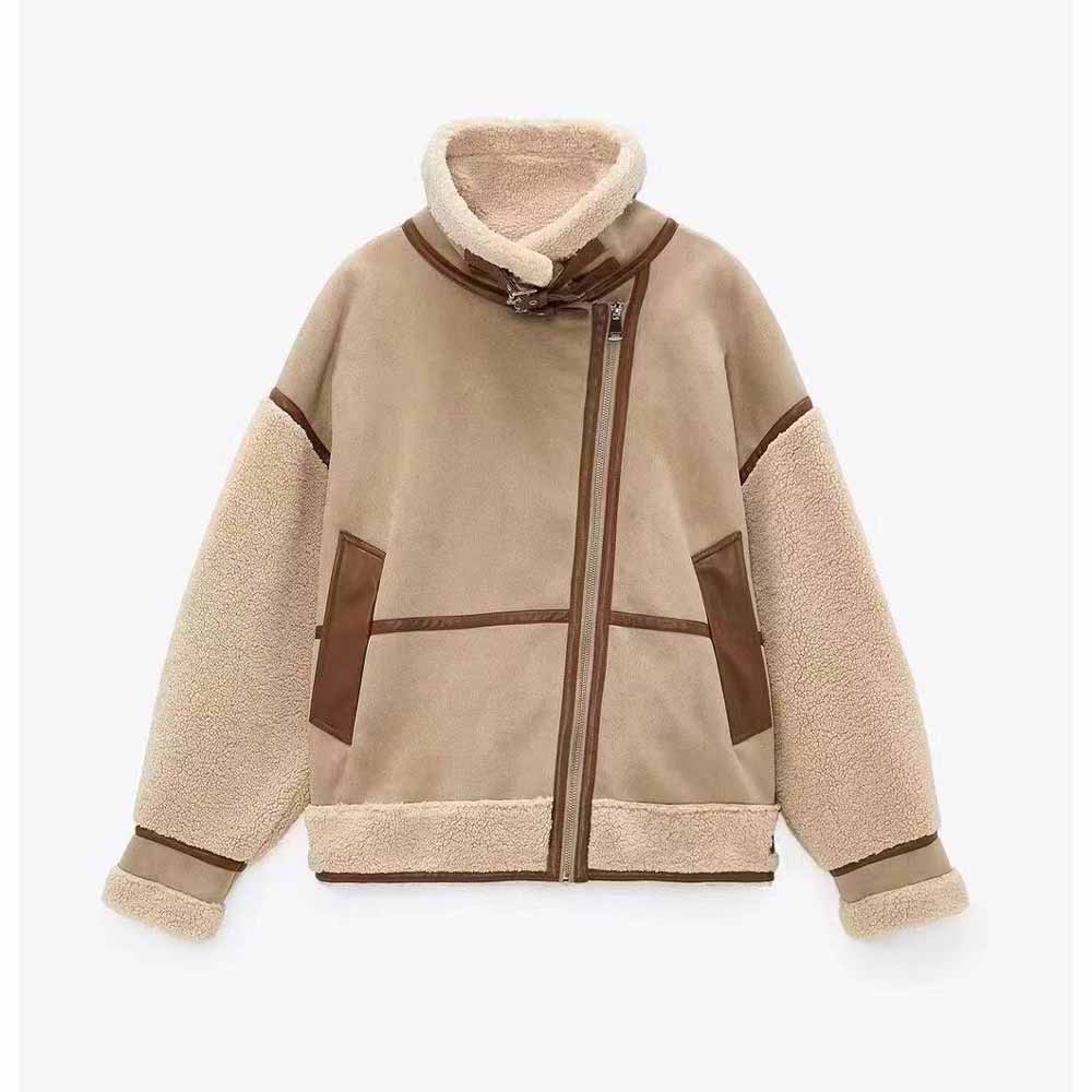Women's new fashion Fur Faux Leather jacket coat retro long sleeved zipper women's coat