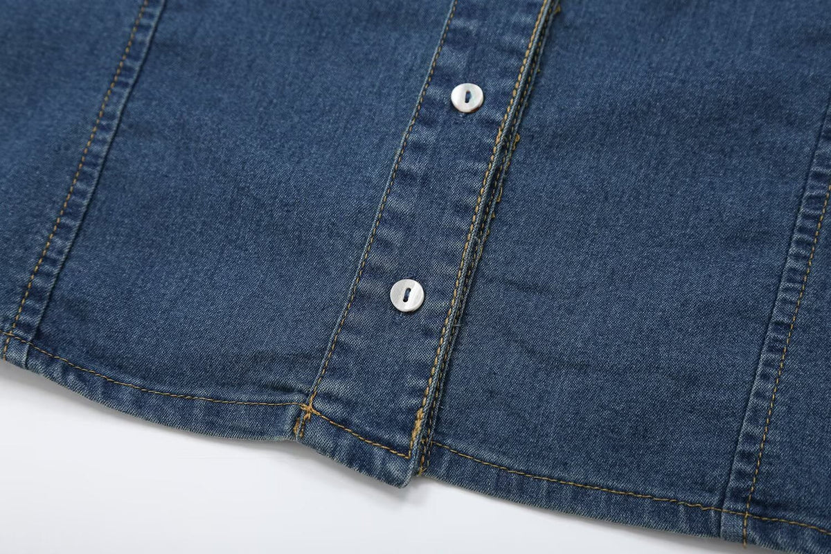 suit Women's 2 pieces short sleeved denim shirt+low waist wide leg jeans