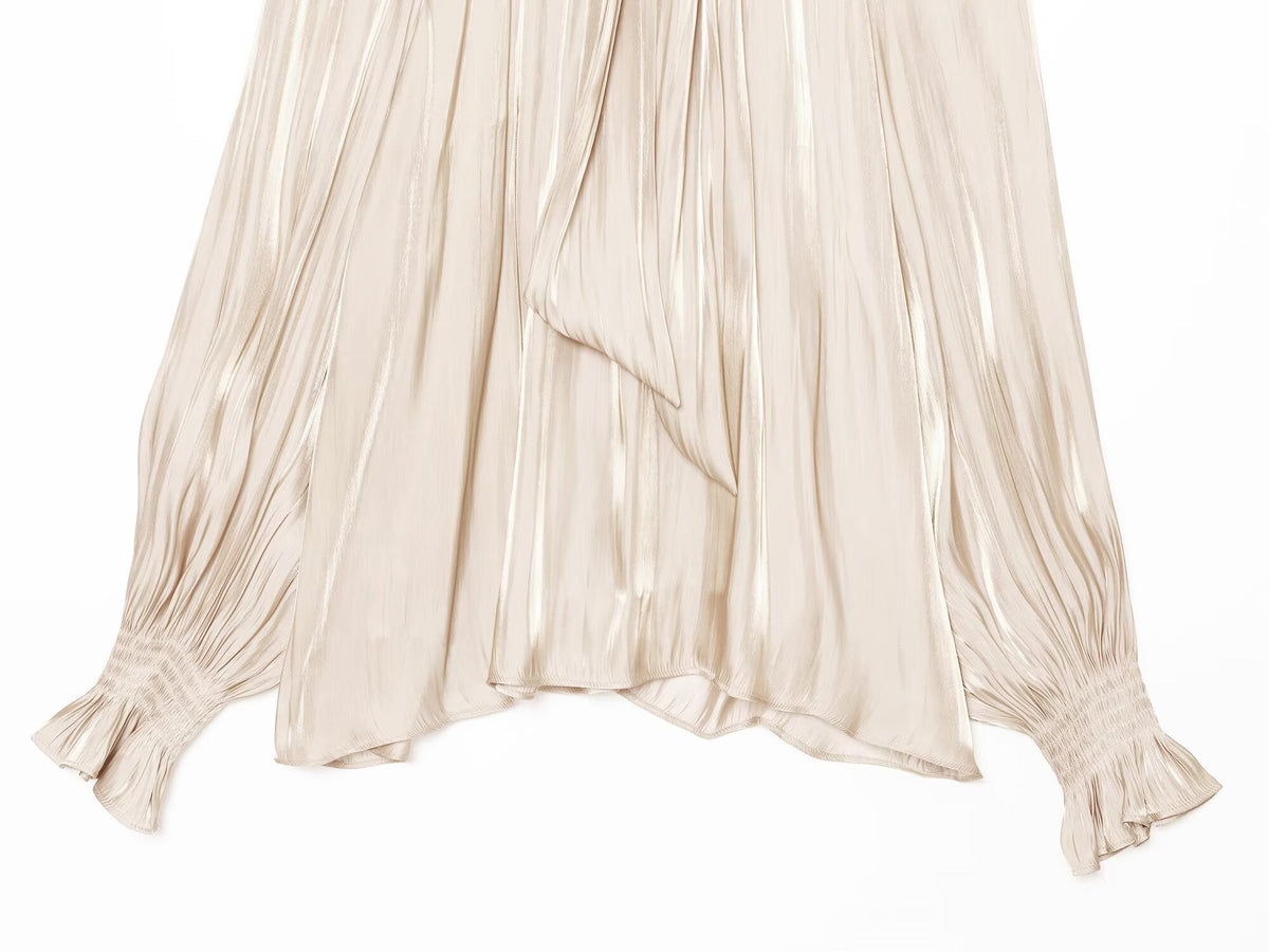 Women's bow decoration stand collar satin textured shirt