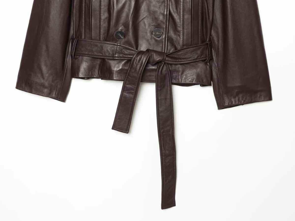 Women's with belt double breasted Faux Leather jacket Coat