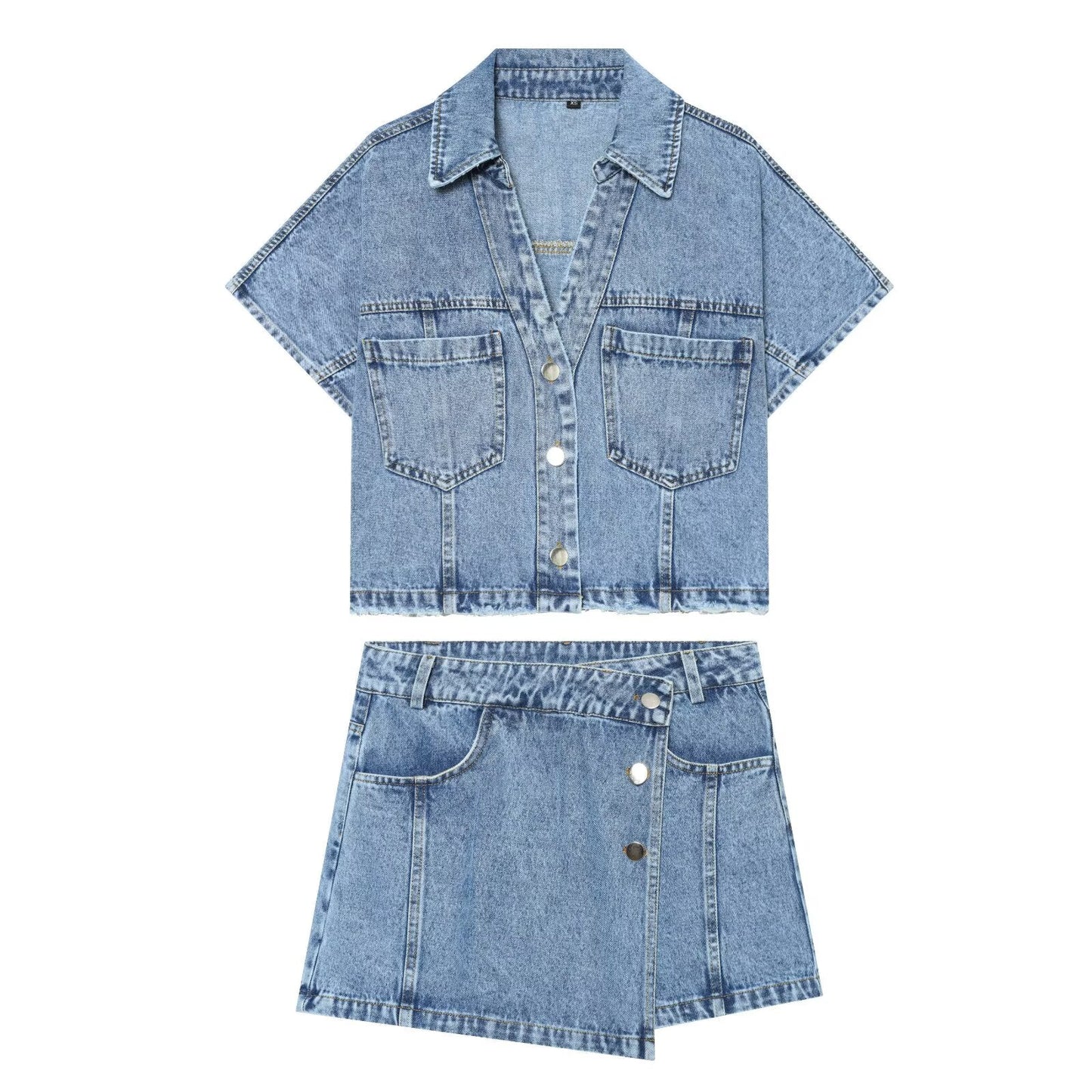 suit Women's 2 pieces casual short denim shirt+culottes