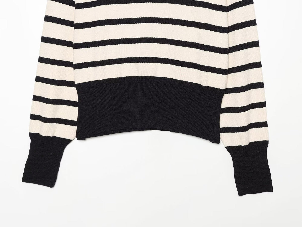 Women's soft textured zipper striped knitted sweater