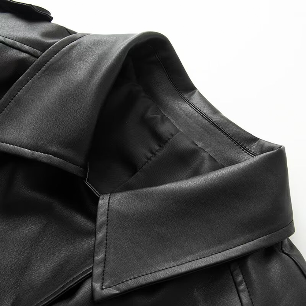 Women's with belt faux leather windbreaker Coat