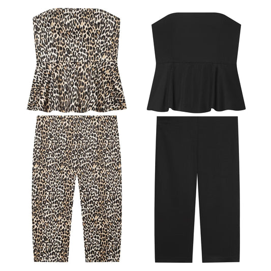 suit Women's 2 pieces printed striped strapless elastic top+Pants