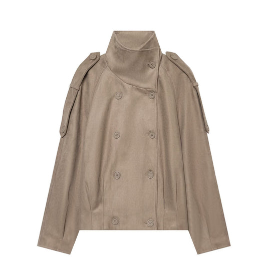 Women's suede textured stand collar double breasted Coat