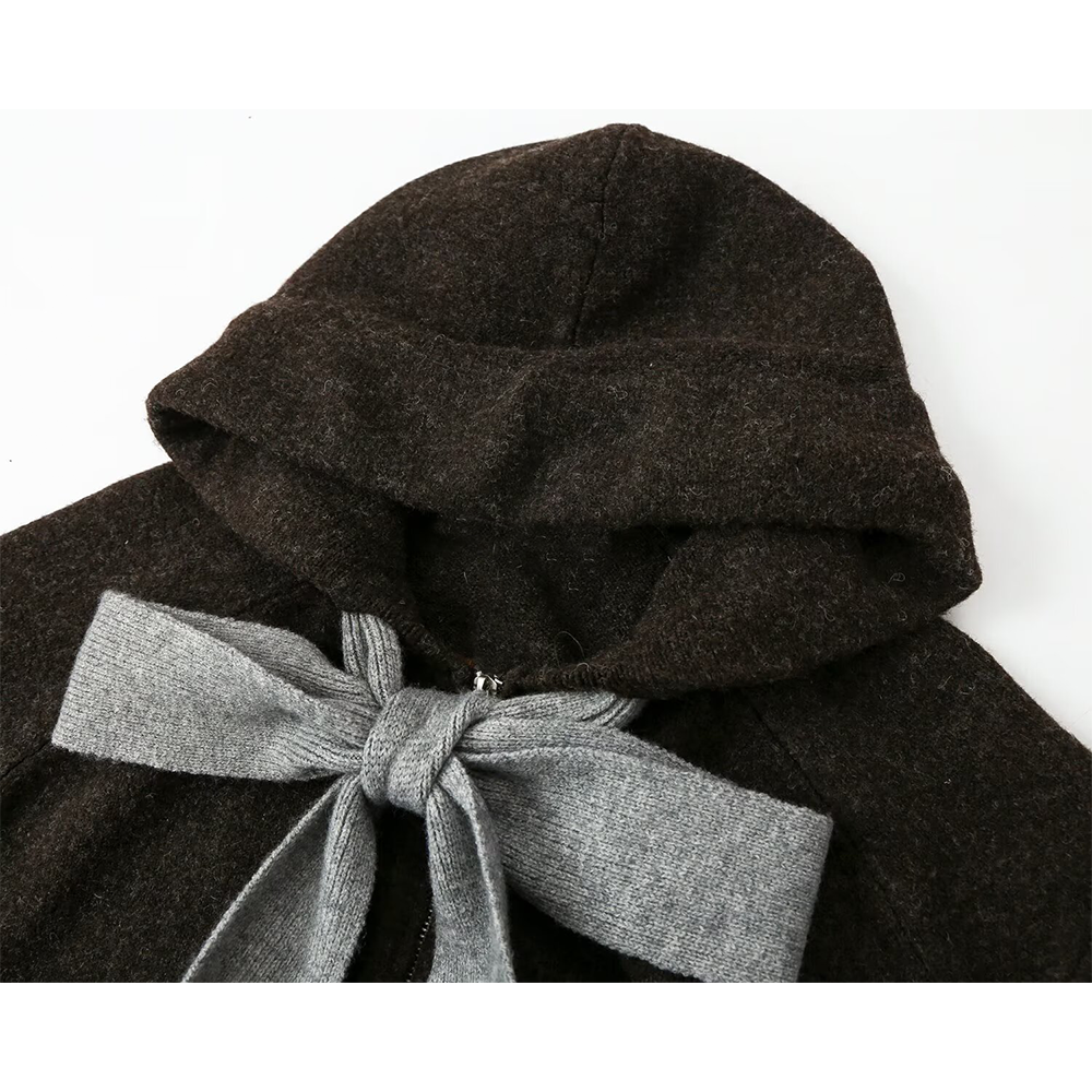 Women's bow decoration hooded knitted Coat