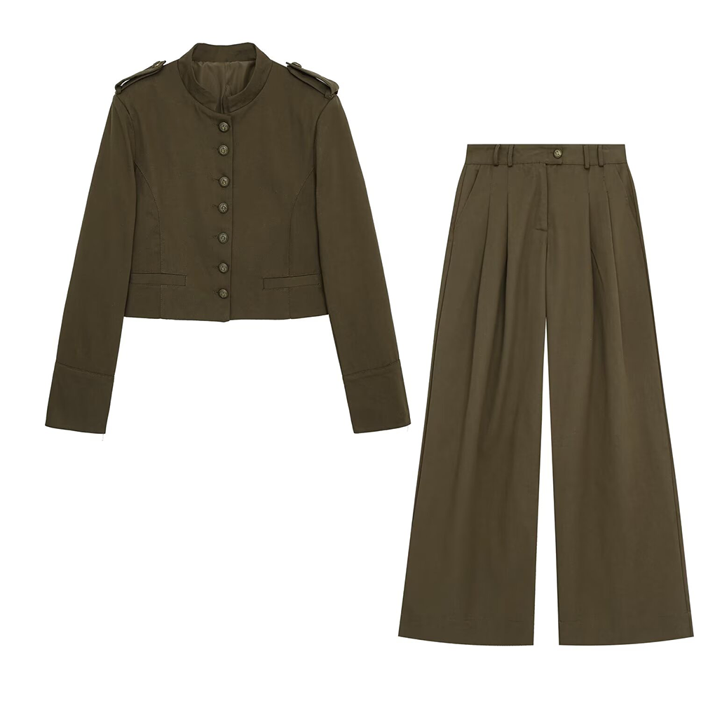 suit Women's 2 pieces with shoulder pads short Coat + wide leg pants