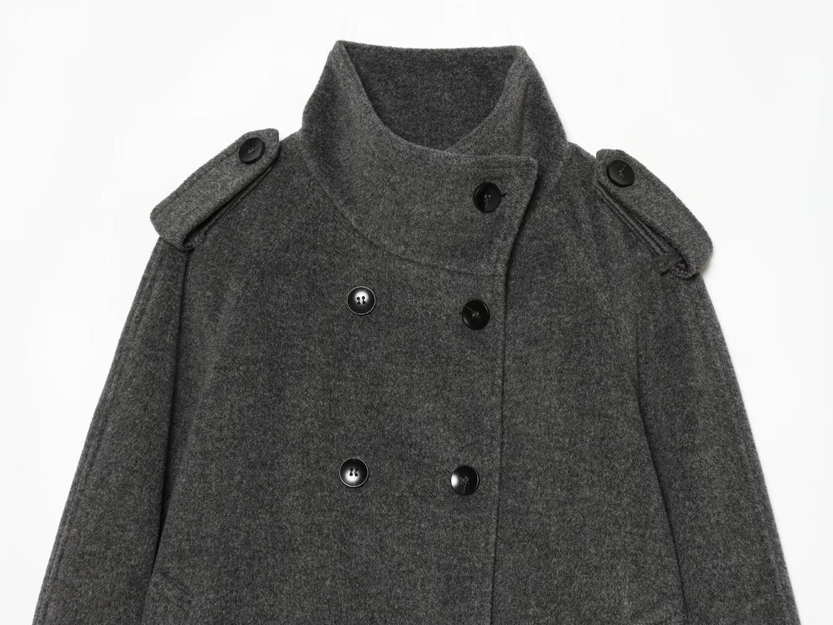 Women's standing collar double breasted woolen coat