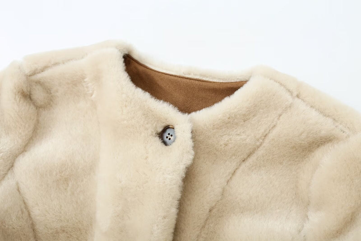 Women's faux fur effect round neck jacket Coat