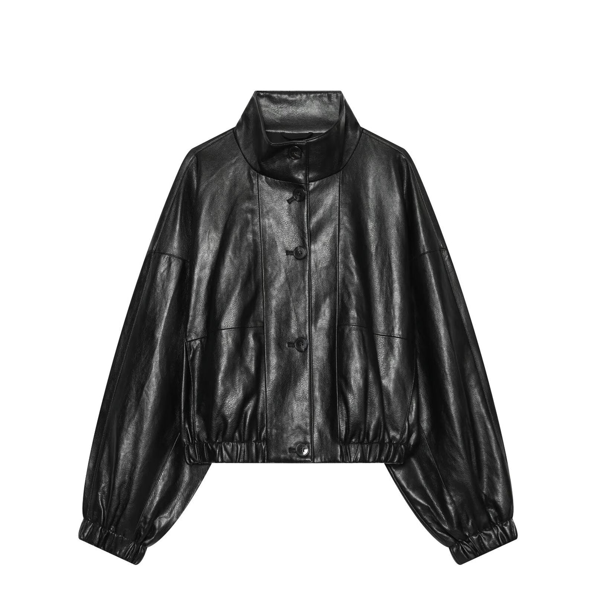 Women's black chimney collar faux leather Coat