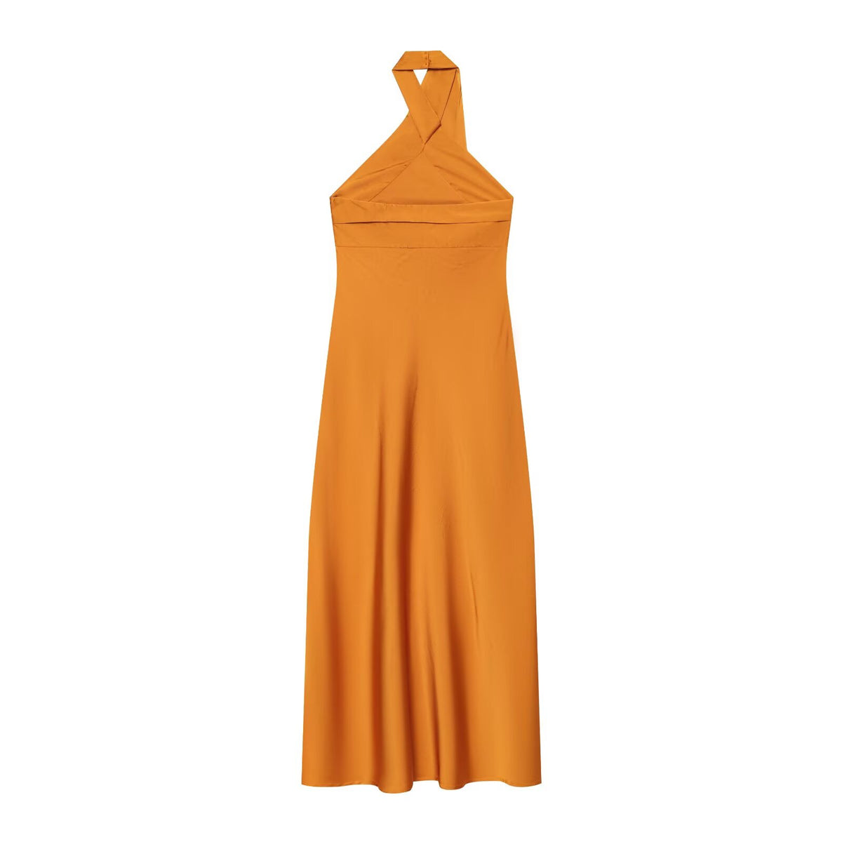 Women's satin texture hanging neck MIDI dress