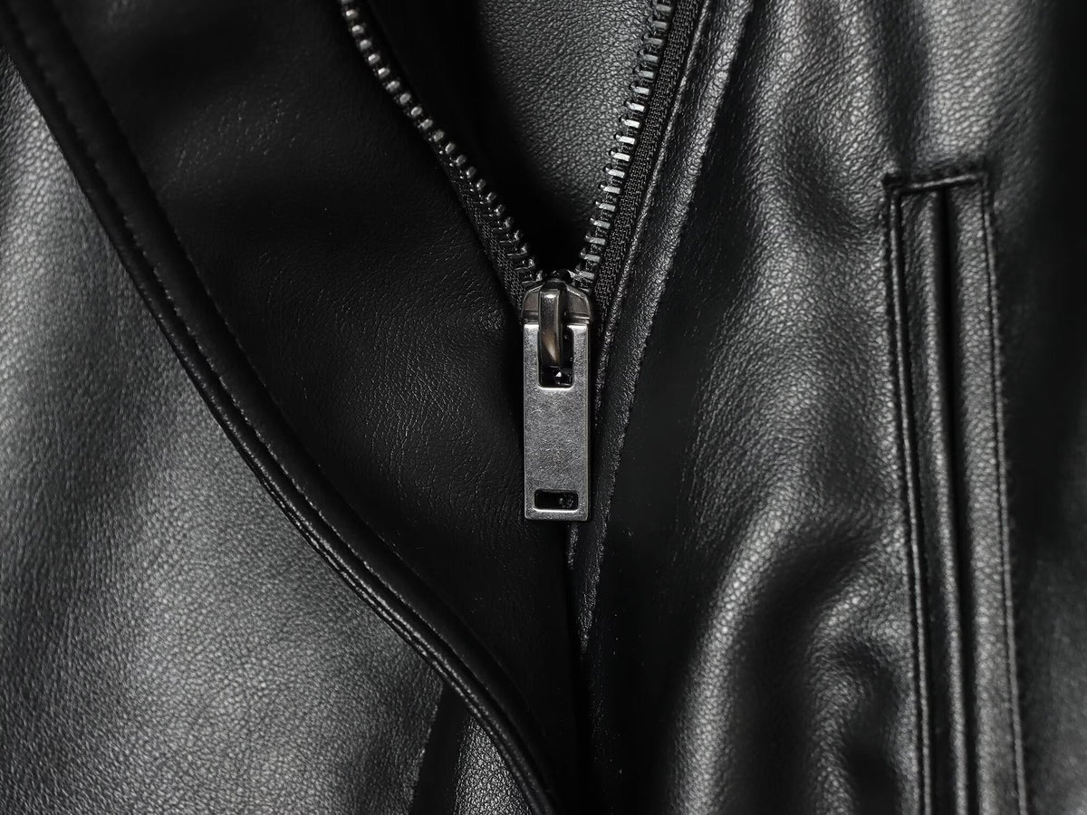 Women's long sleeved lapel leather effect jacket