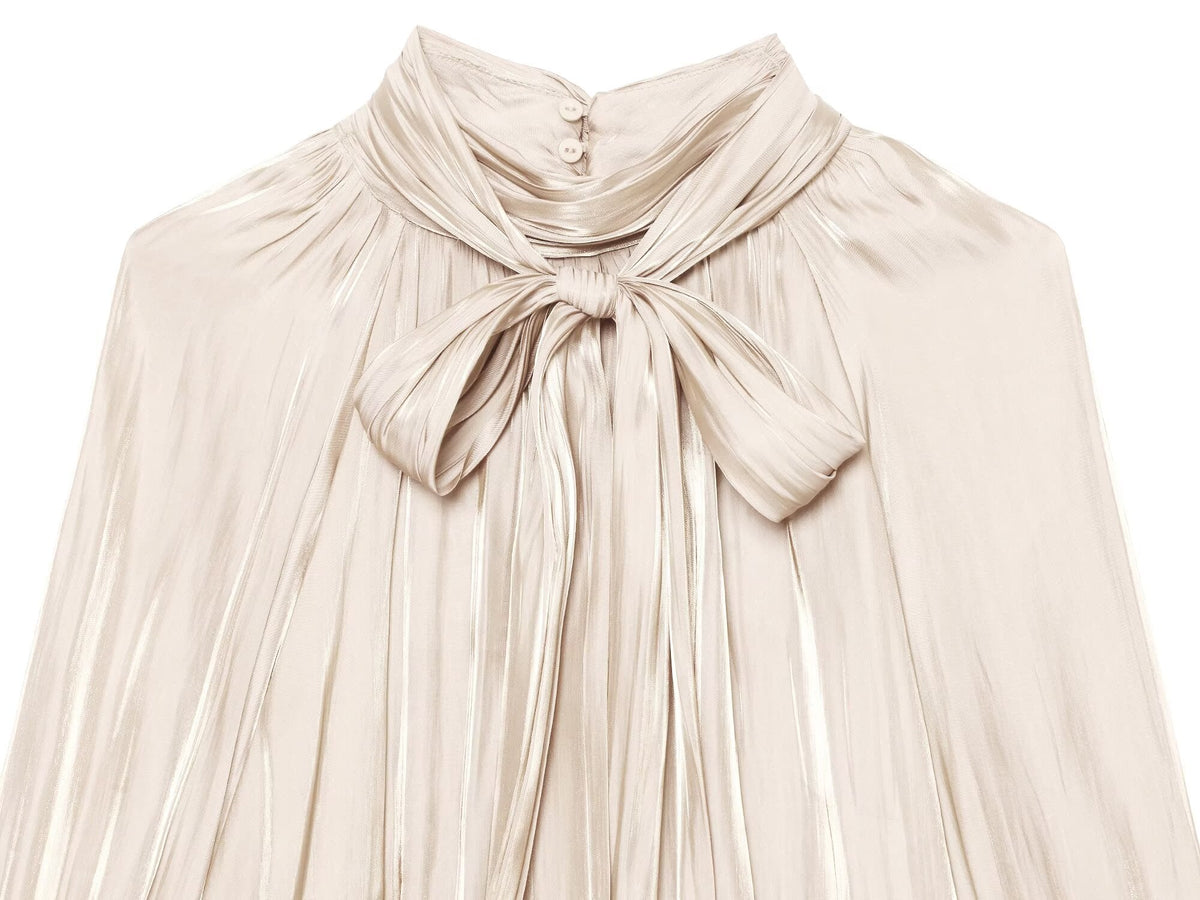 Women's bow decoration stand collar satin textured shirt
