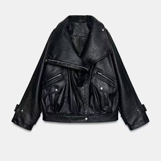 Women's new leather effect motorcycle jacket coat