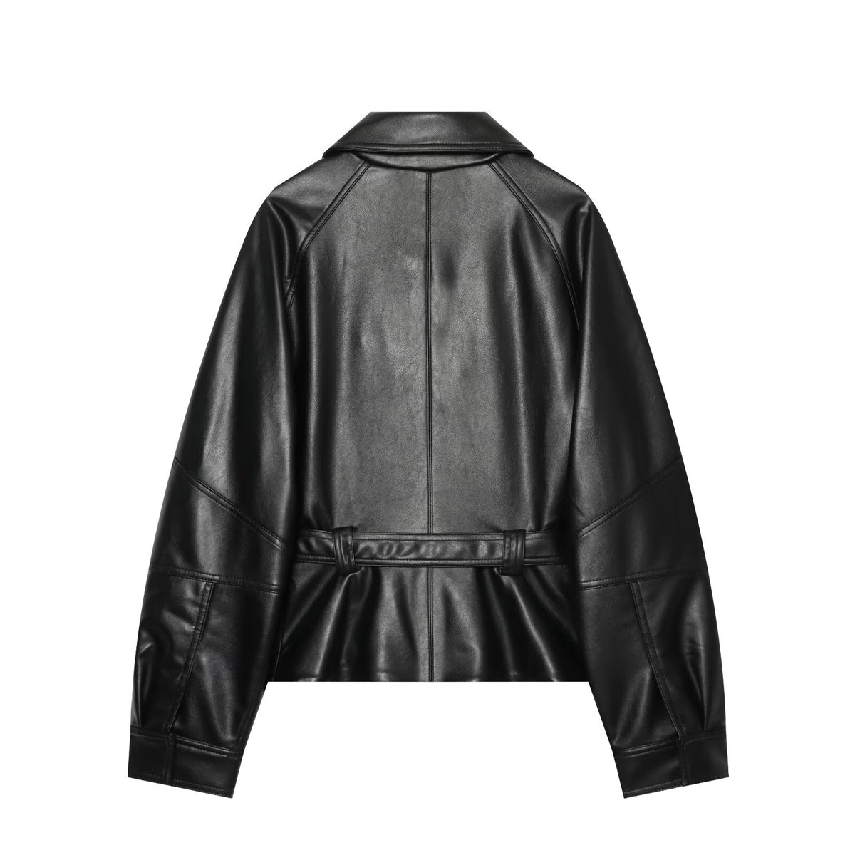 Women's long sleeved lapel leather effect jacket