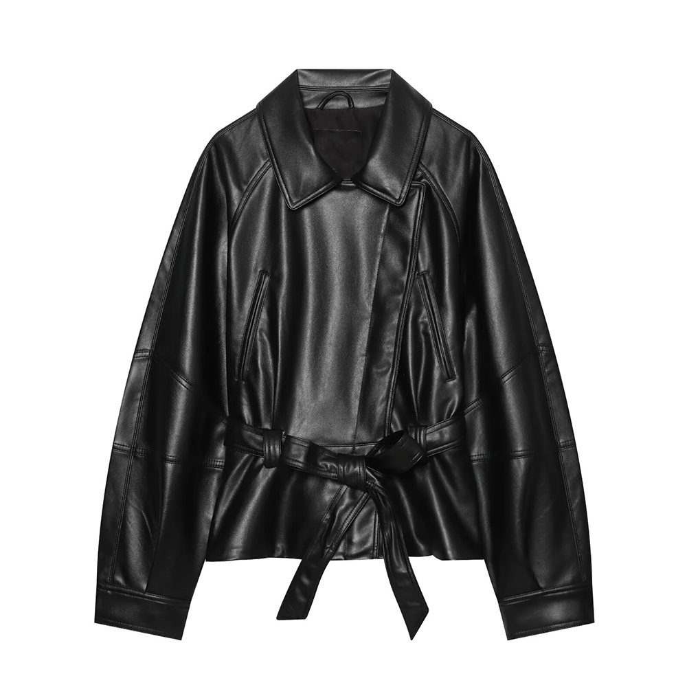 Women's long sleeved lapel leather effect jacket