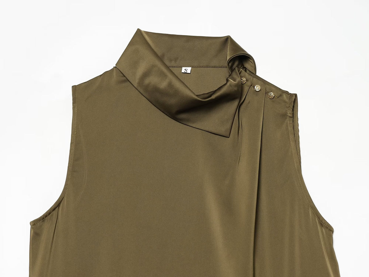 Women's shoulder button decoration satin textured top