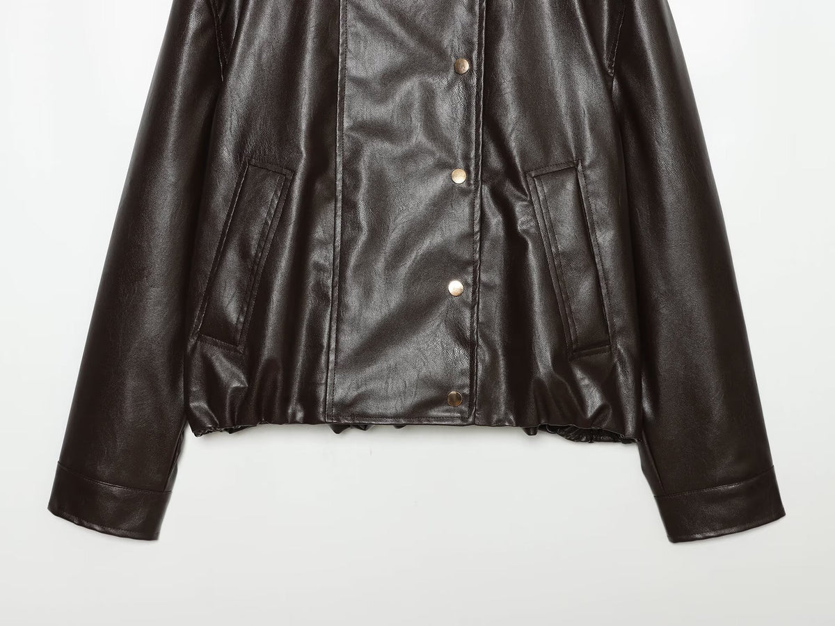 Women's leather effect standing collar pilot jacket Coat