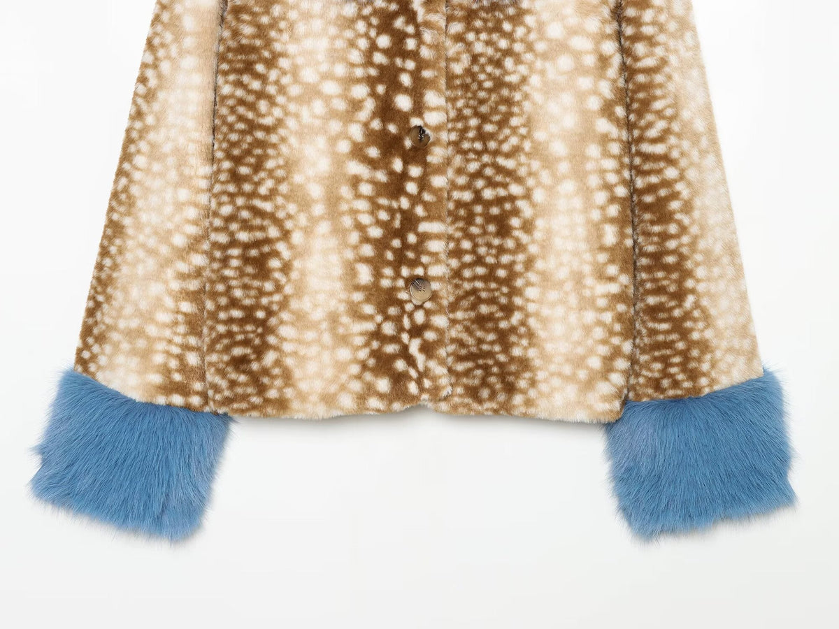 Women's spotted fur-trimmed patchwork coat