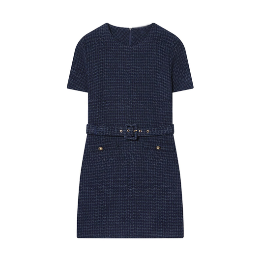 Women's With Belt Short Sleeve plaid Mini Dress
