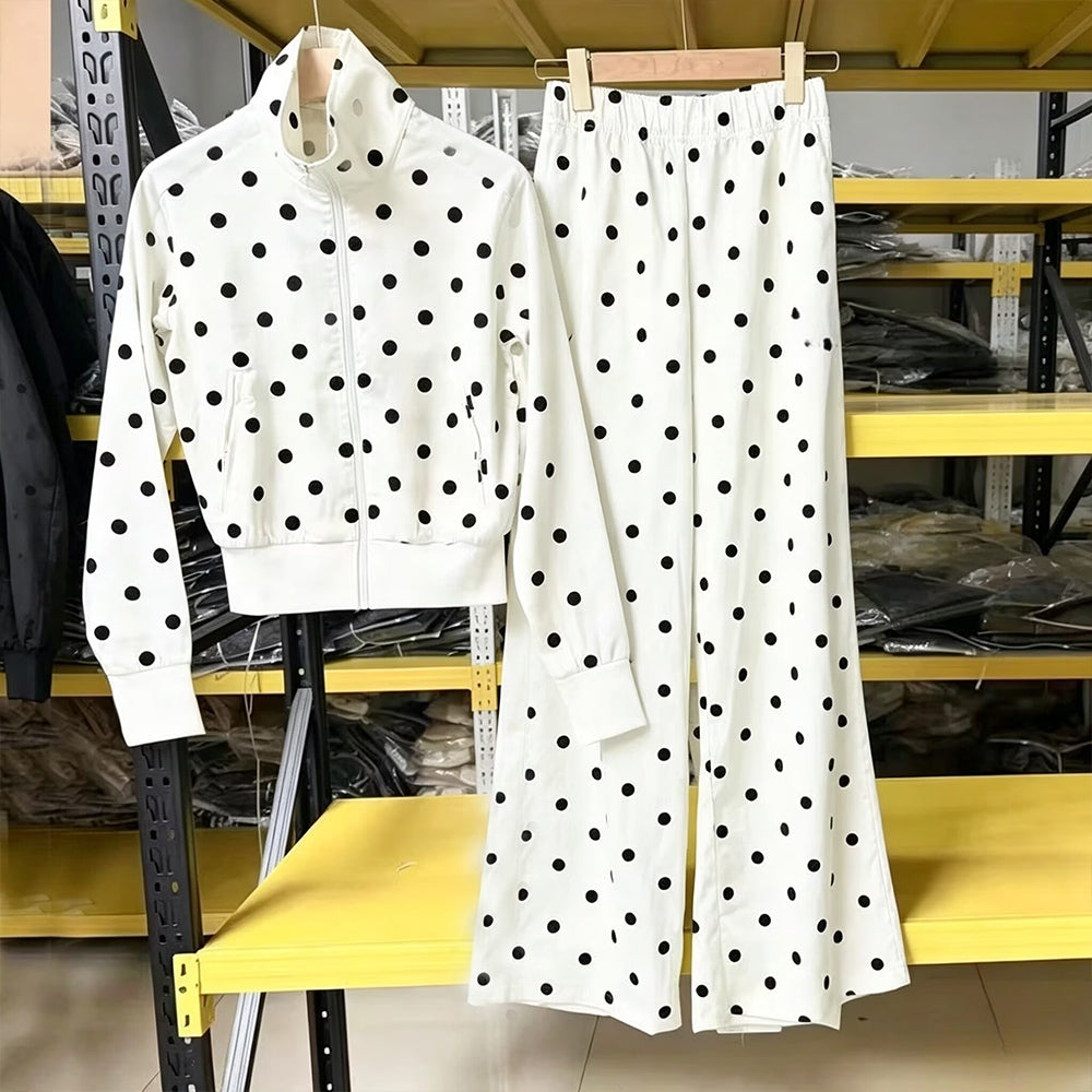 Women's new satin polka-dot zipper long-sleeved coat wide-leg pants suit