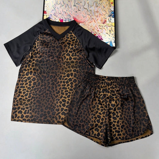 Women's new Leopard print sports short sleeve T-shirt shorts suit