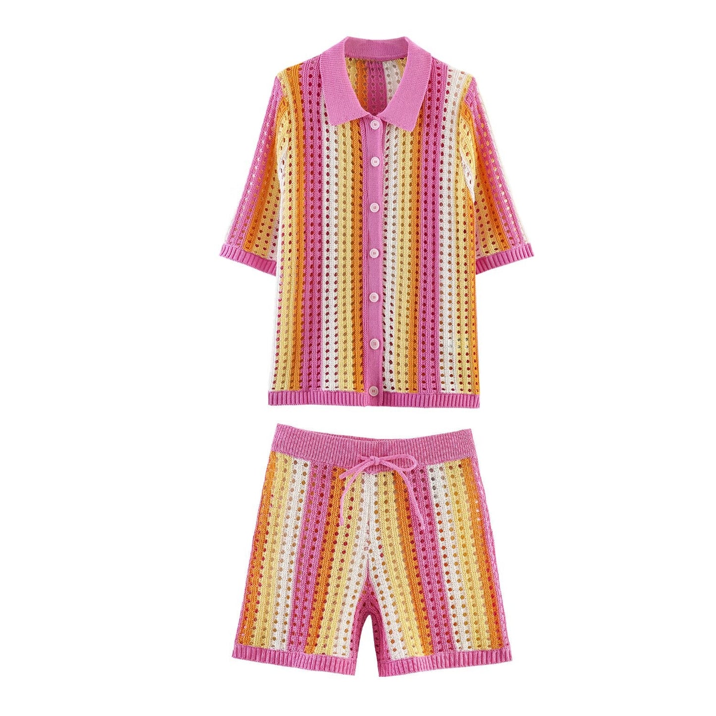 suit Women's 2 pieces hollow striped knitted Coat+Shorts