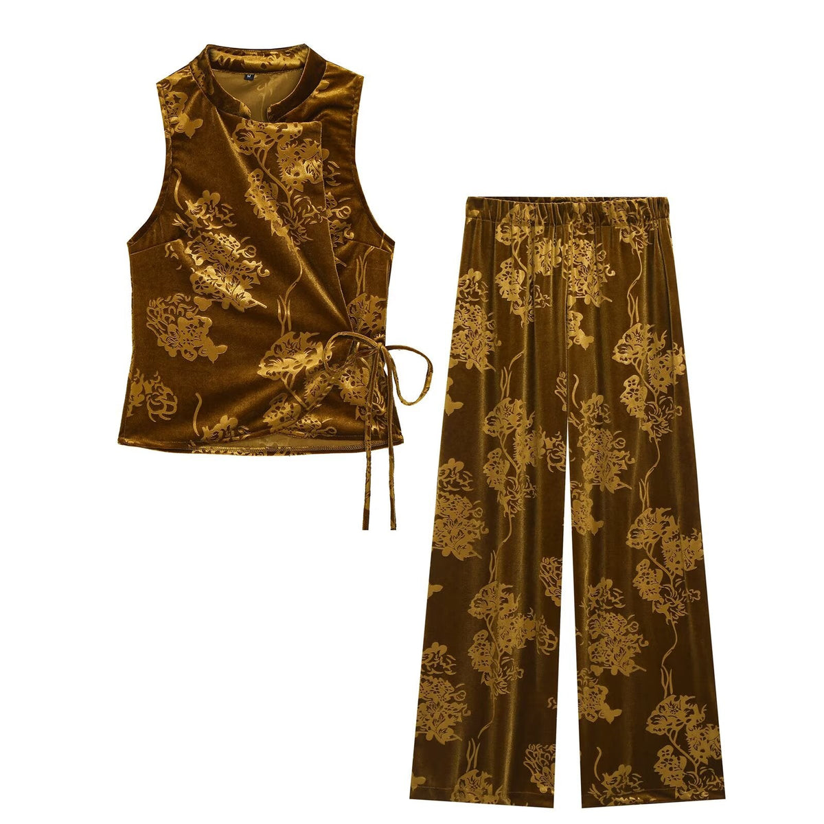 suit Women's 2 pieces bow decoration printed velvet top +pants