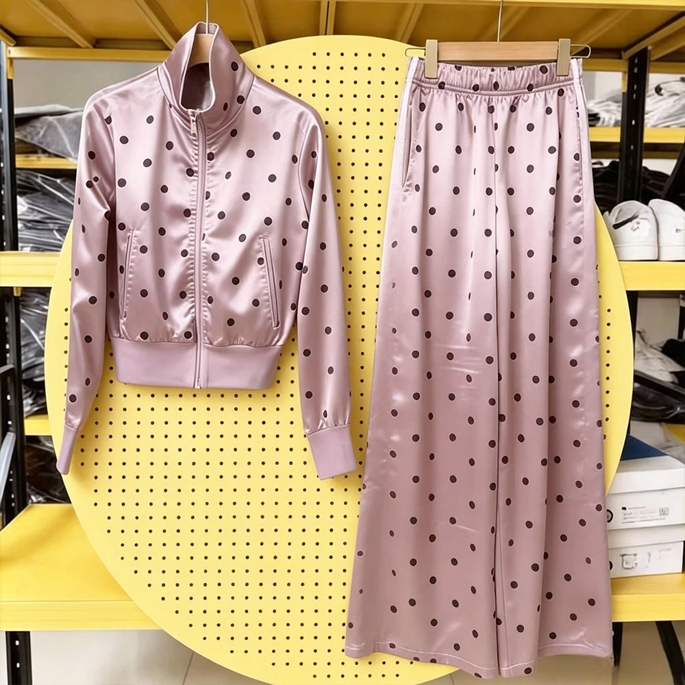 Women's new satin polka-dot zipper long-sleeved coat wide-leg pants suit