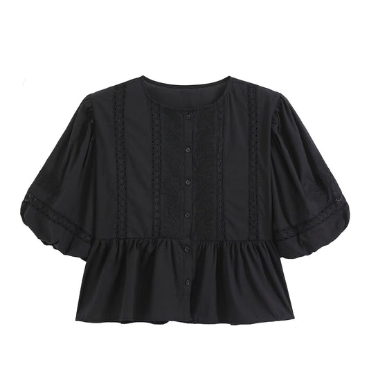Women's hollowed out embroidered balloon sleeve shirt