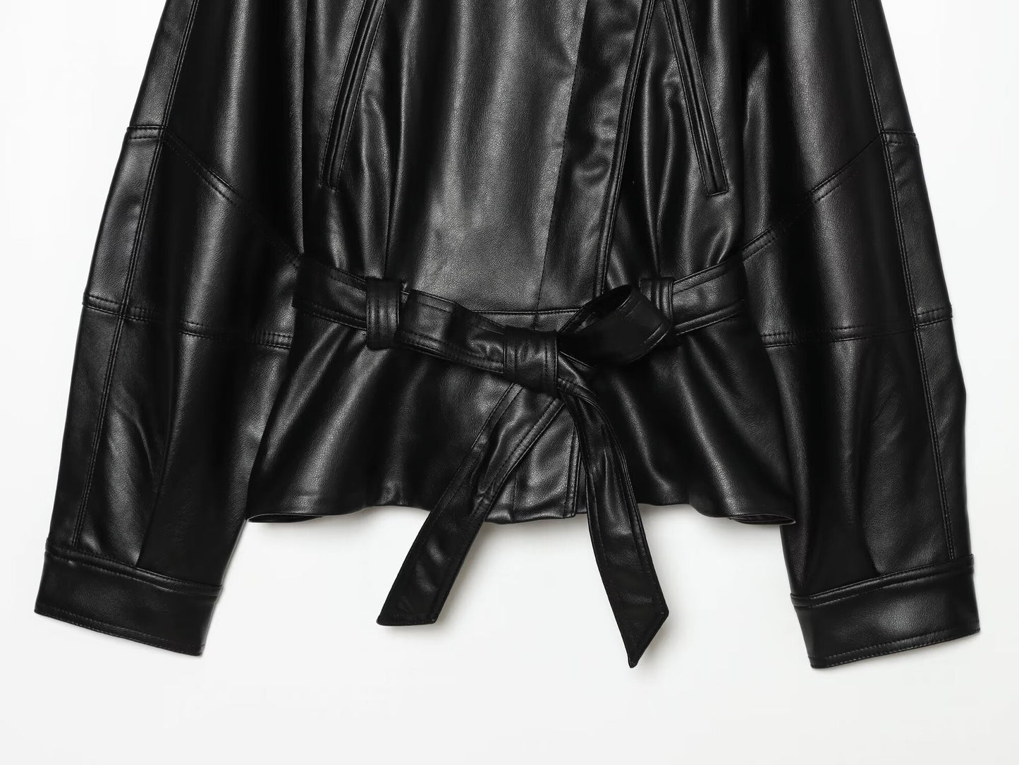 Women's long sleeved lapel leather effect jacket
