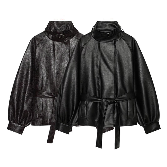 Women's with belt leather effect jacket Coat