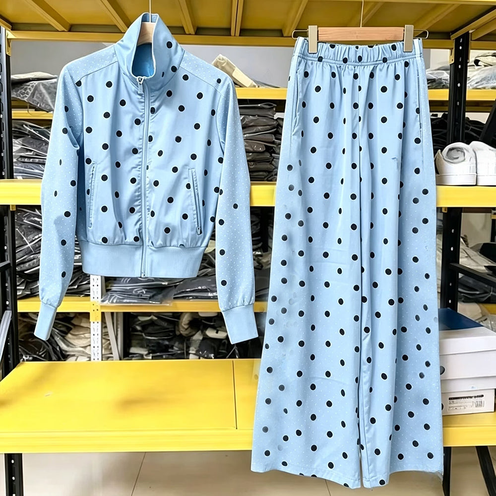 Women's new satin polka-dot zipper long-sleeved coat wide-leg pants suit
