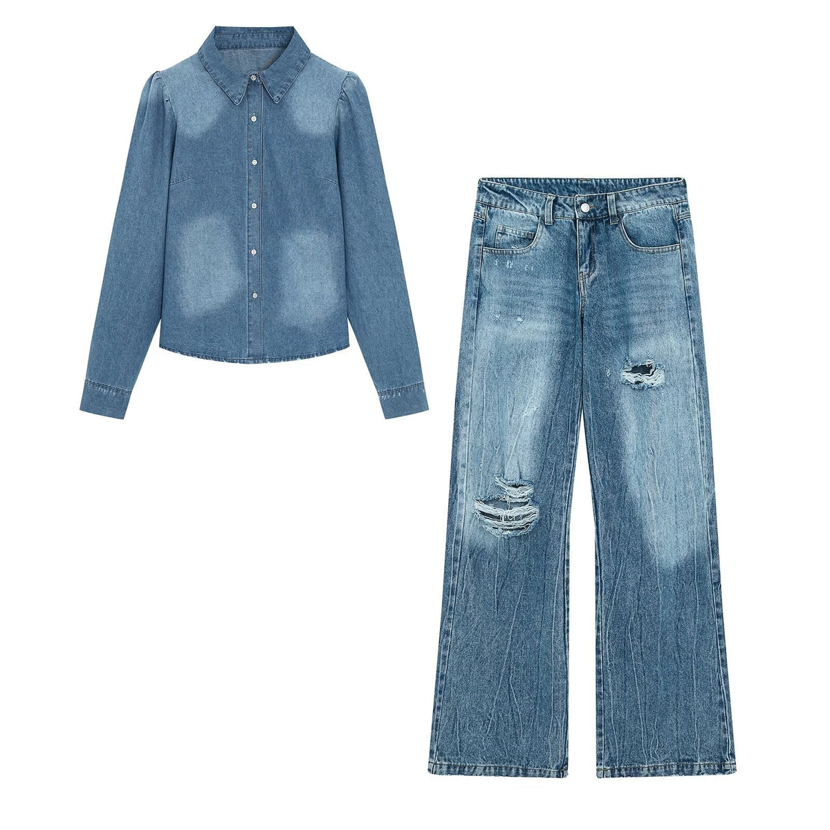 suit Women's 2 pieces shoulder Pleated decoration denim shirt+Jeans