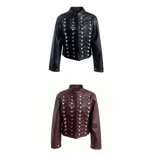Women's button decoration short Faux Leather jacket Coat