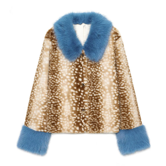 Women's spotted fur-trimmed patchwork coat