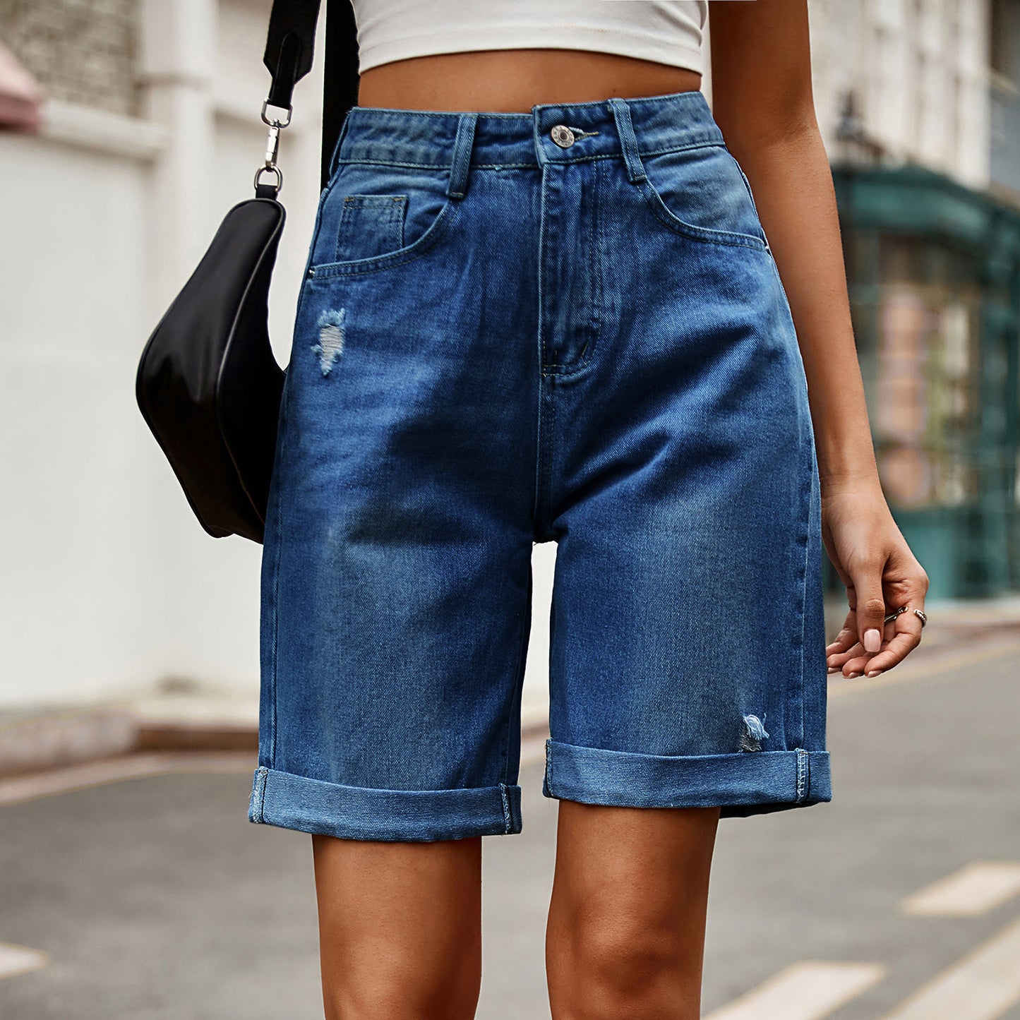 2026 women's new casual hole curling five-point denim shorts