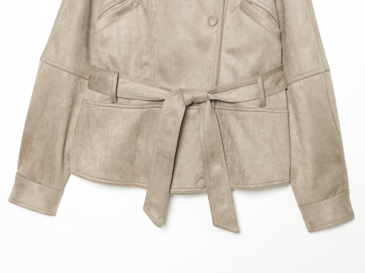Women's with belt suede short slim jacket Coat