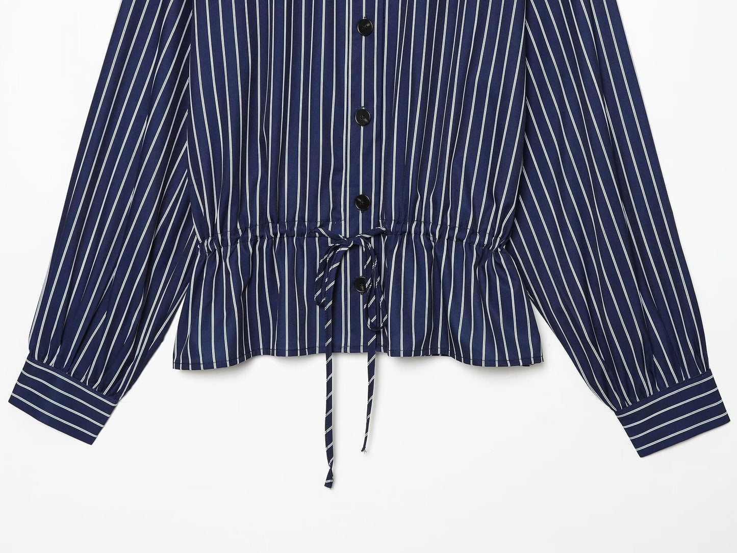 Women's with drawstring striped stand collar shirt