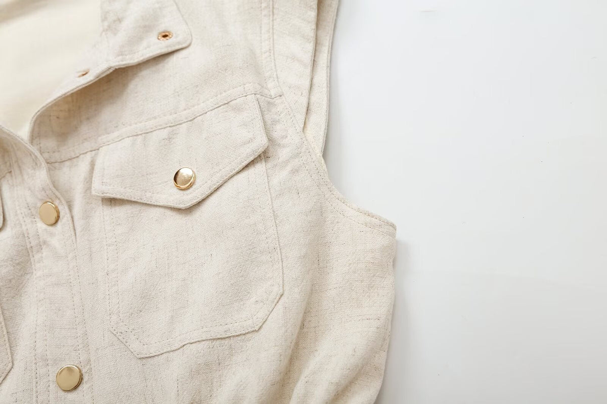 suit Women's 2 pieces pocket decoration linen blend vest+Pants