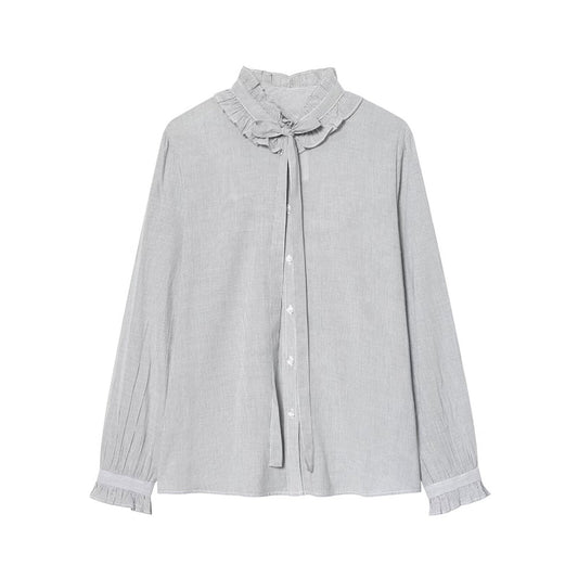 Women's bow decoration long sleeved striped top
