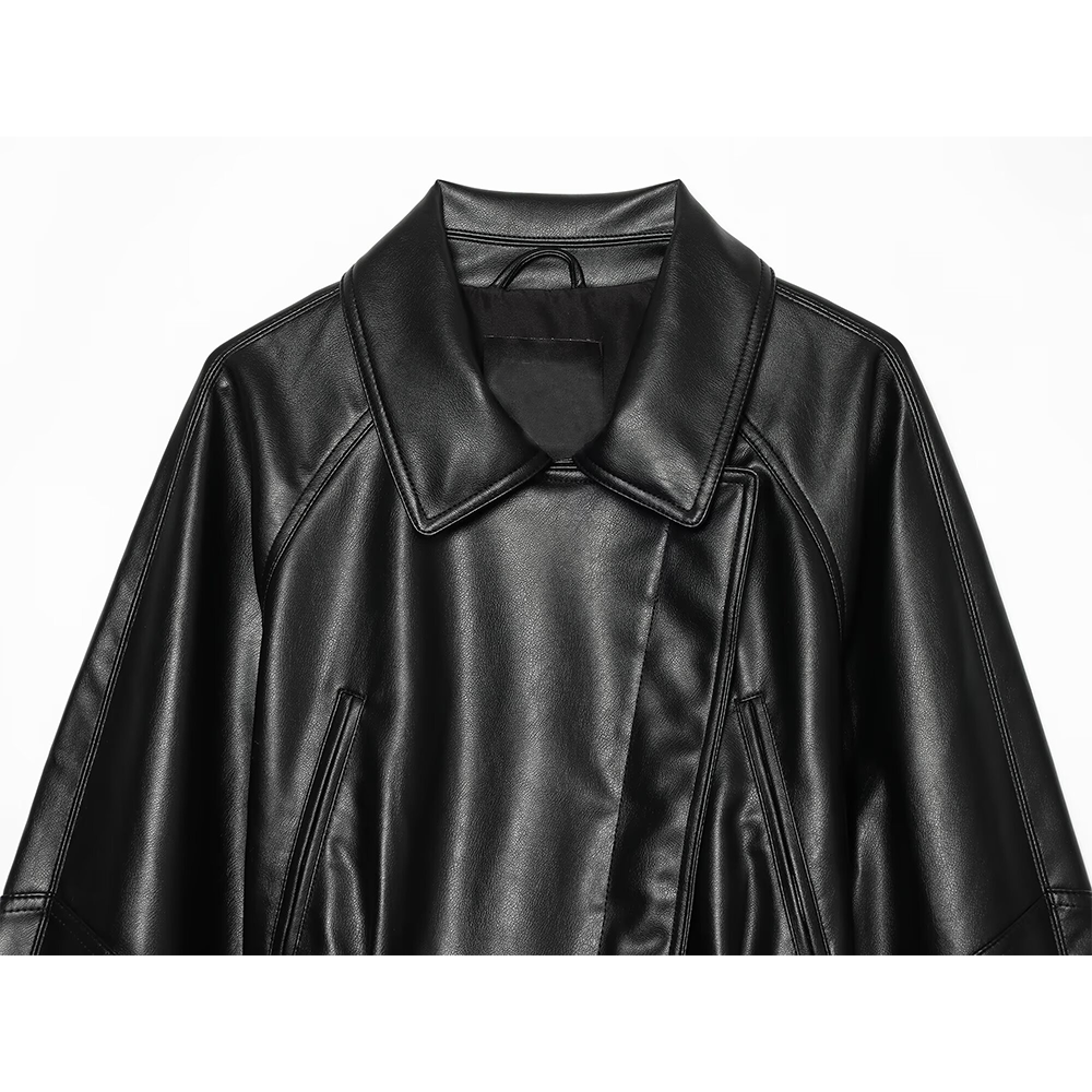 Women's long sleeved lapel leather effect jacket