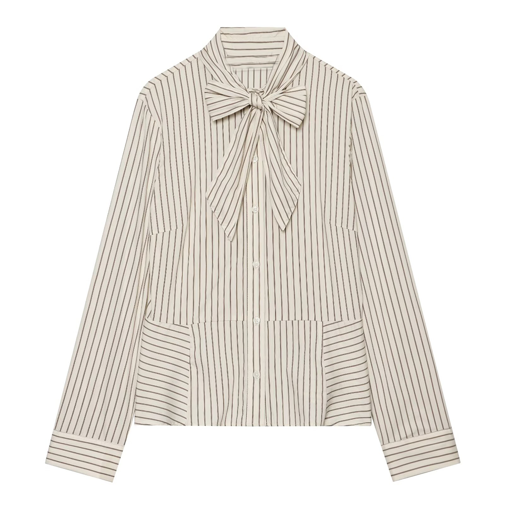 Women's bow decoration stand collar striped shirt
