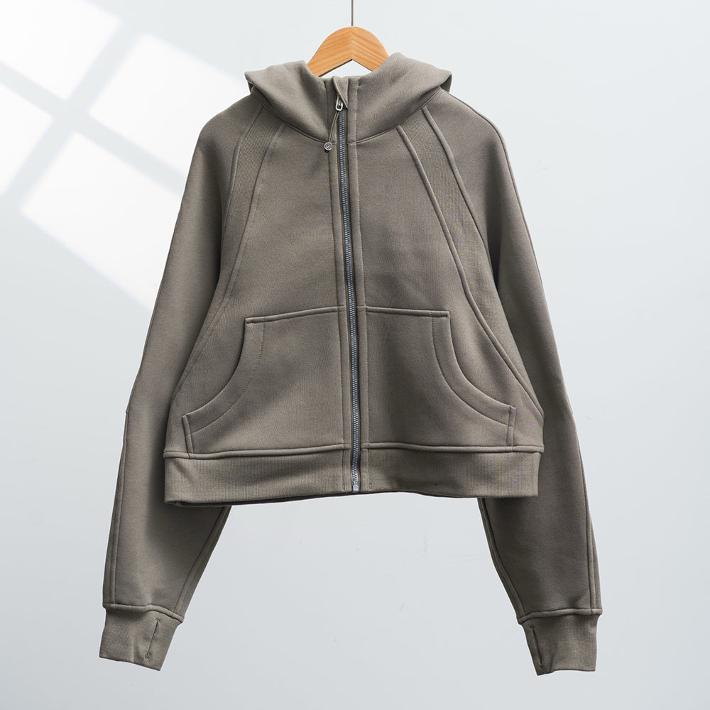 LU women's new zipper plus velvet loose short hooded coat